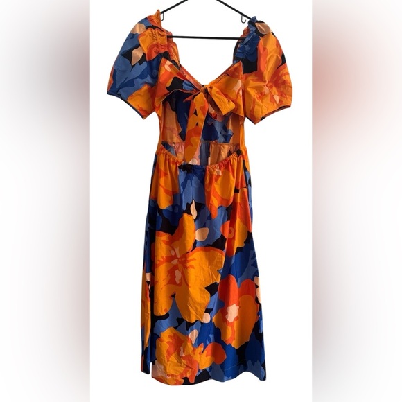Tabitha Brown Target Vibrant Orange & Blue Floral Dress Puff Sleeve Dress Size 4 - Picture 4 of 10